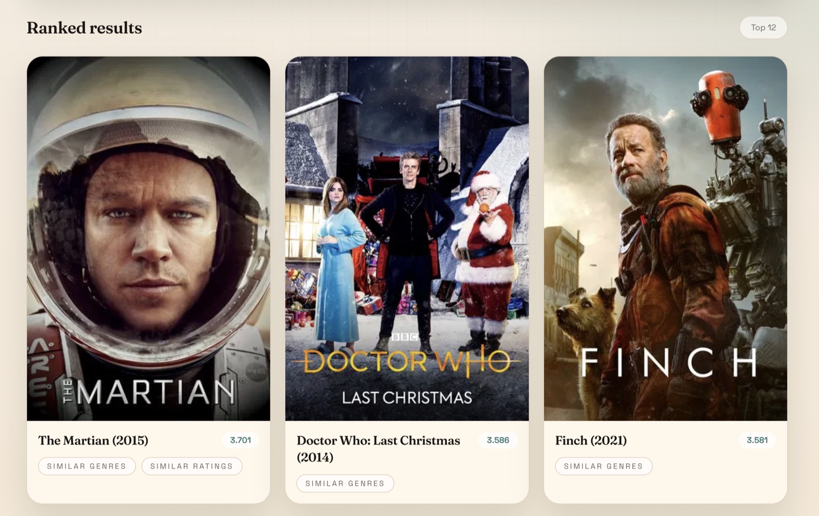 Ranked movie recommendations with scores and reasons