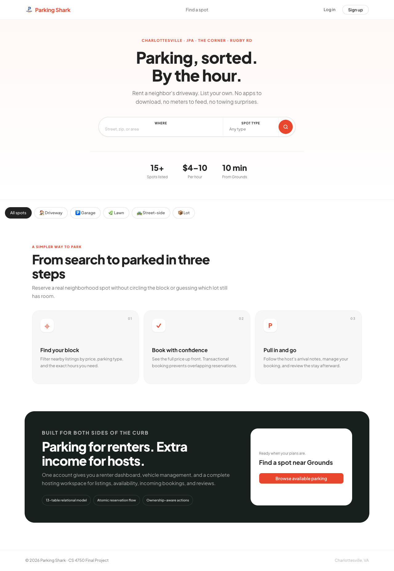 Parking Shark home page with search and marketplace overview