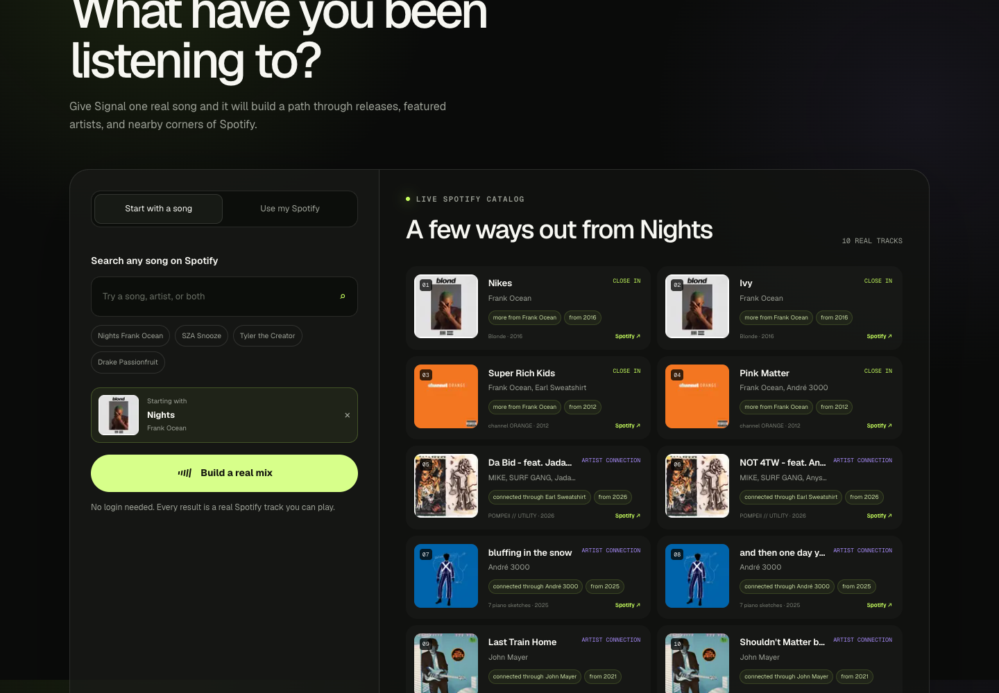 Signal building a real mix from Spotify releases and artist connections